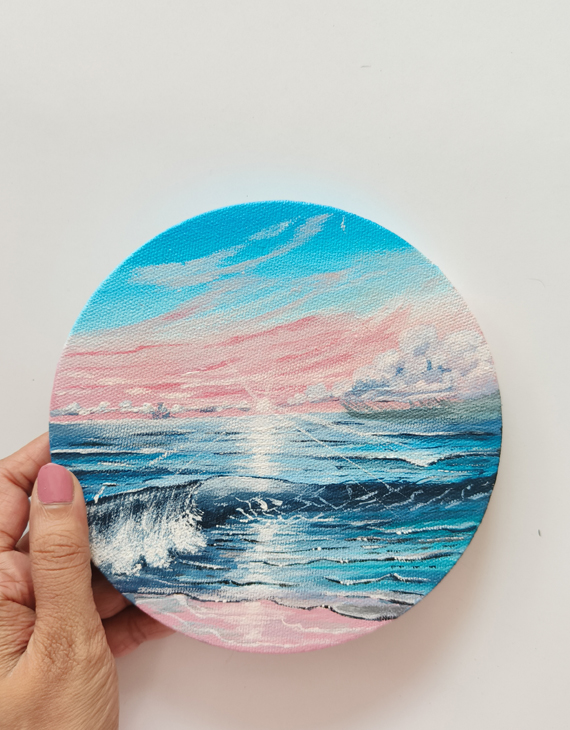 Ocean-with-pink-cloudy-sky-Acrylic-Painting