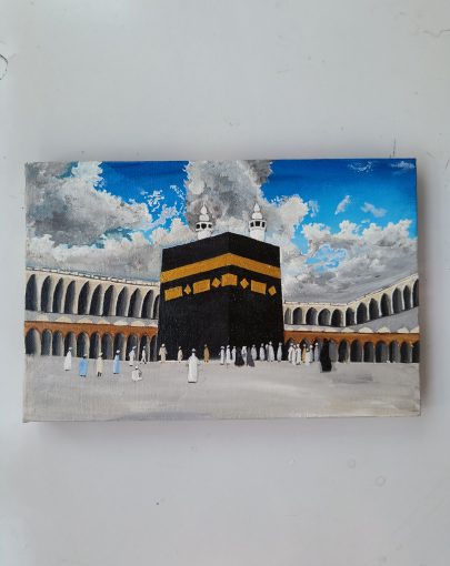 Hand-painted Kaaba Painting by SabahZaid on Canvas Board, measuring 8 X 12 inches, perfect for home decor.
